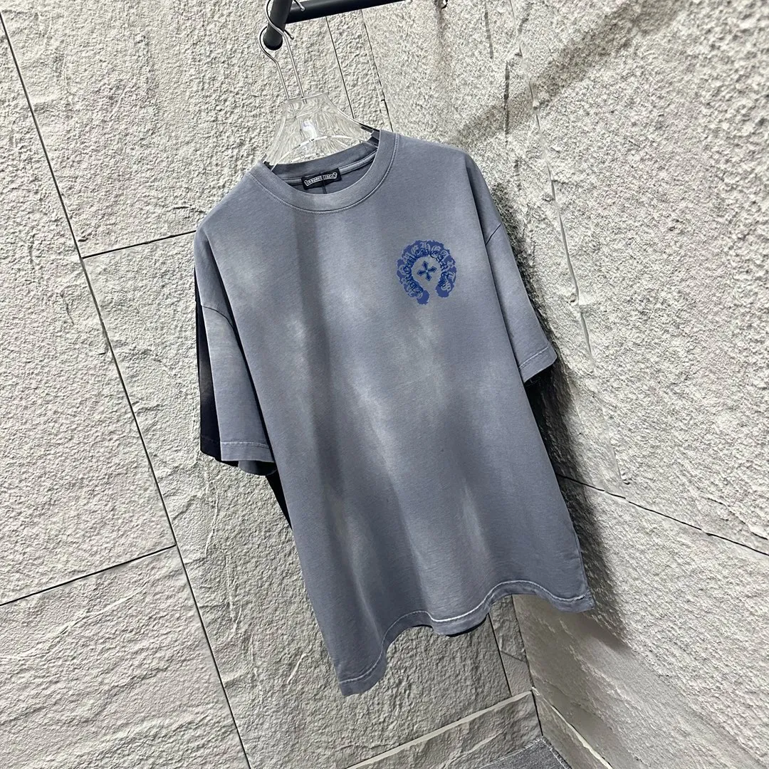 🅿️190 CH Crow Heart 2025 Summer New Style Heavy pickling with gradient distressing Chest logo Horseshoe print Customized fabric Short-sleeved T-shirt Unisex Size: S M L